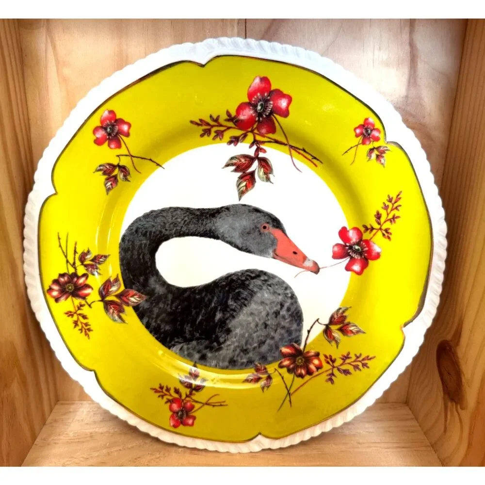 ANTHROPOLOGIE Black Swan Yellow Edge Salad/Dessert Plate SZ 9 1/4" Discontinued - Picture 1 of 8